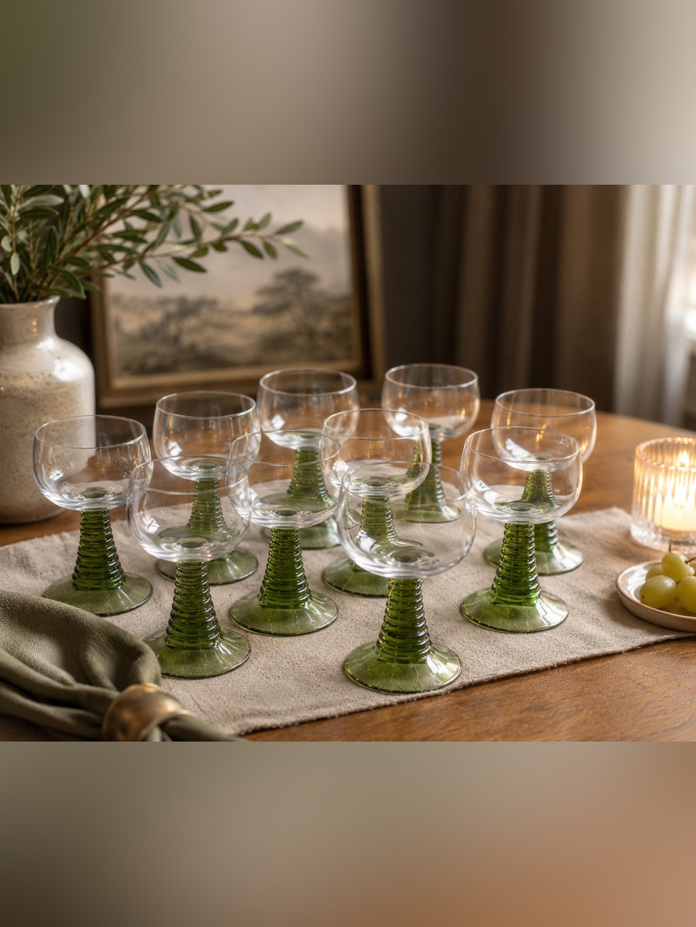 Green Stemmed Goblet Glasses - Set of  9